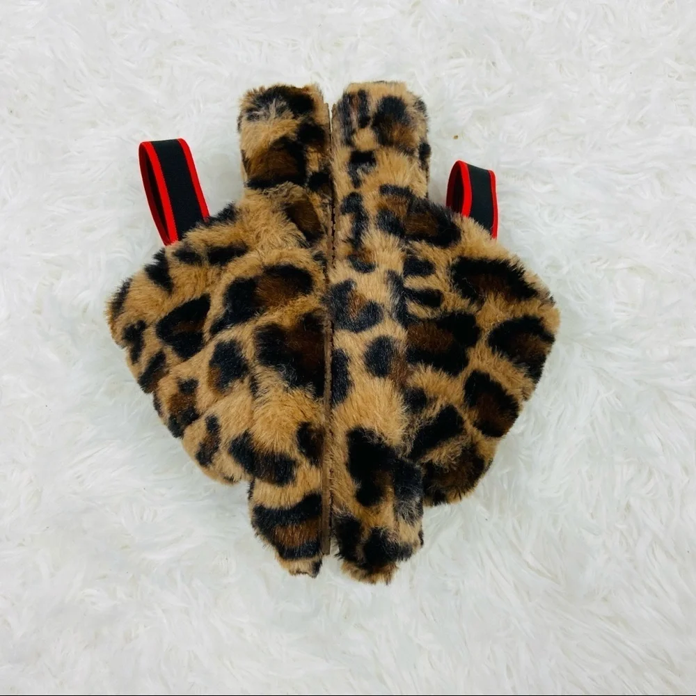 UNBRANDED girls leopard animal print open toe snuggly fleece warm slippers SZ 3